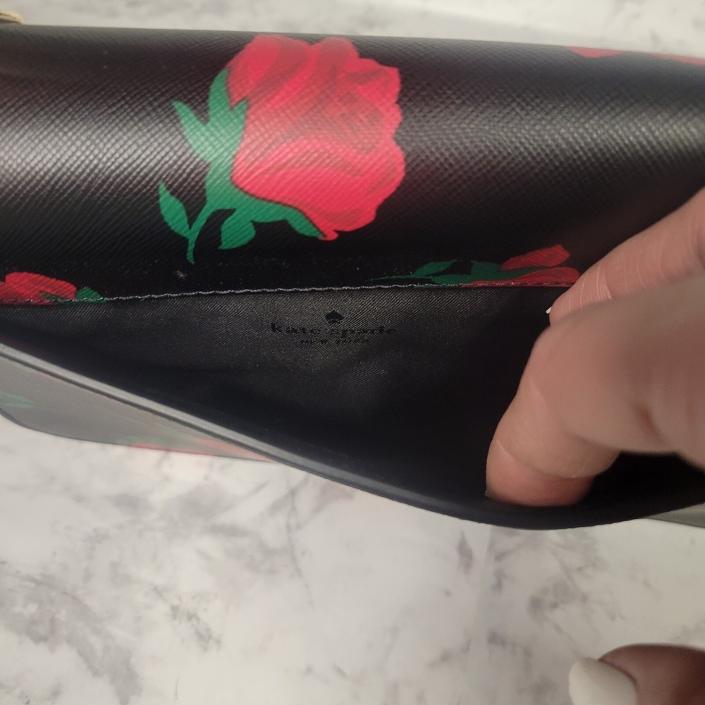 Kate Spade New York Rose Print Saffiano Leather Crossbody Bag Black Red Floral - Picture 8 of 13